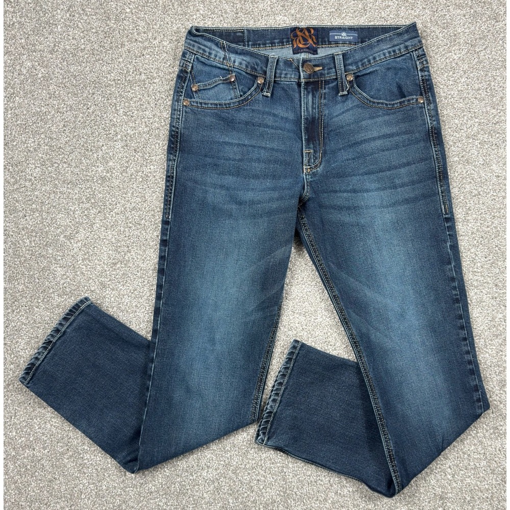 Rock & Republic Jeans Men's 33x32 Straight Stretch Blue Denim Embroidered